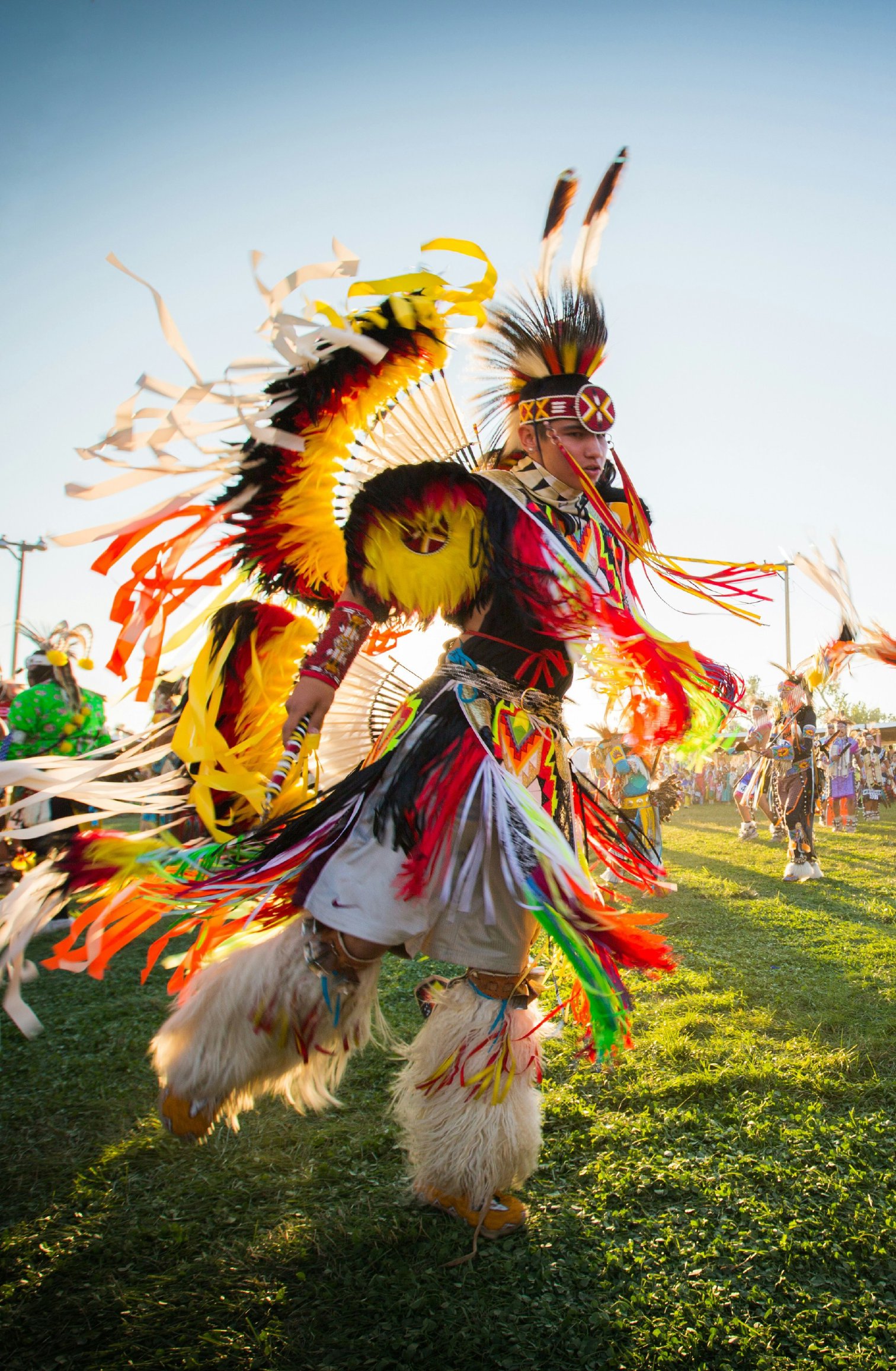 A powwow dancer in fringed, feathered regalia with a feather bustle and streaming ribbons, captured mid-movement with other dancers in the background.